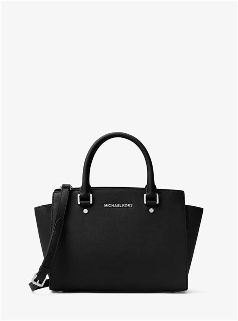 michael kors selma medium saffiano leather messenger black|michael kors saffiano satchel.